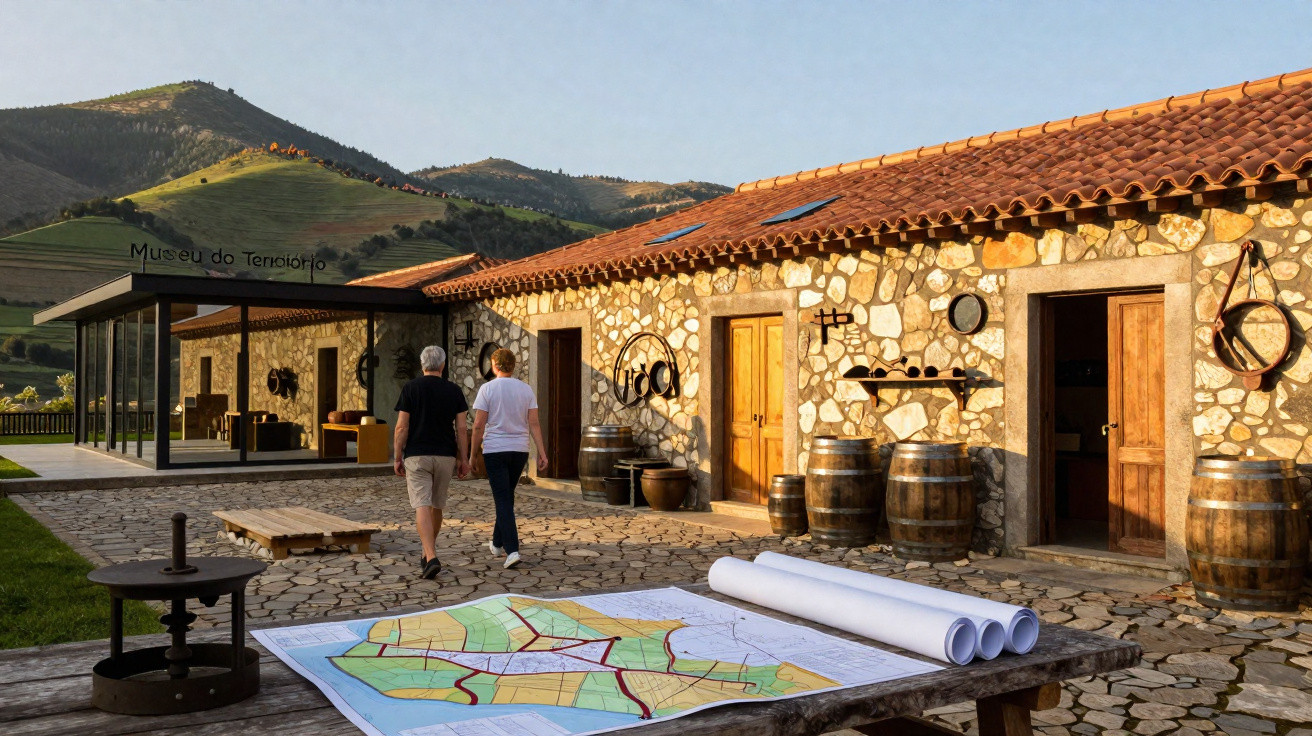 Pessoas a caminhar em direção ao Museu do Território, com edifício rústico, barris, mapa e montanhas ao fundo.