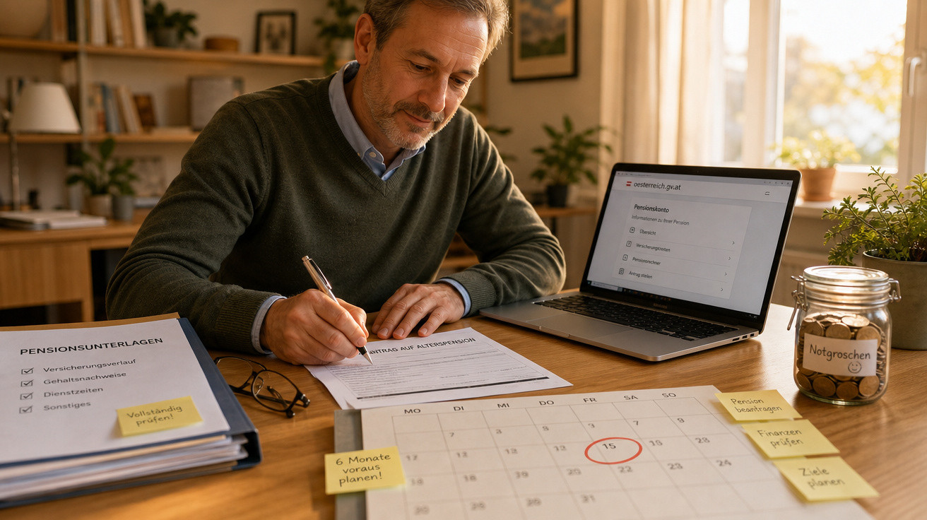 Homem a preencher documentos de previdência com laptop e calendário marcado numa mesa com moedas.