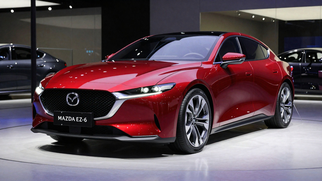Carro elétrico vermelho Mazda EZ-6 exposto num salão automóvel, com design moderno e elegante.
