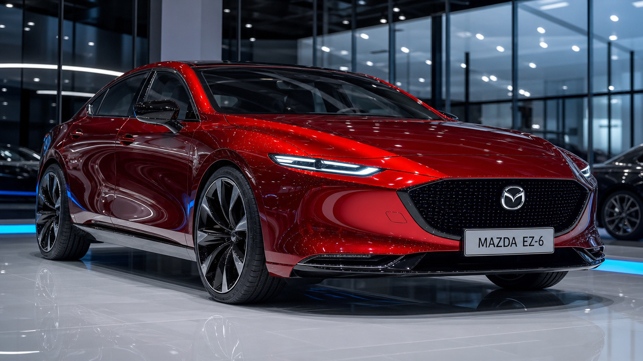 Carro desportivo vermelho Mazda EZ-6 exposto em showroom moderno com chão espelhado.