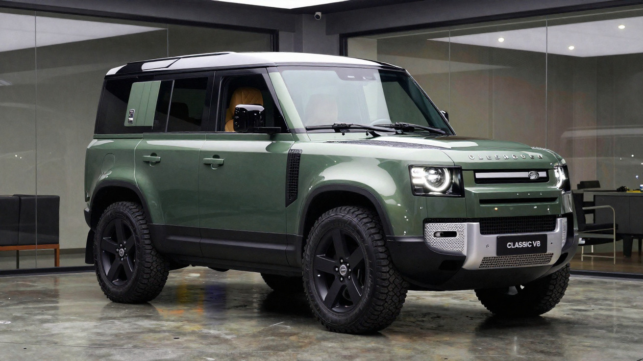 Carro Land Rover Defender Classic V8 verde estacionado dentro, vista frontal lateral direita.