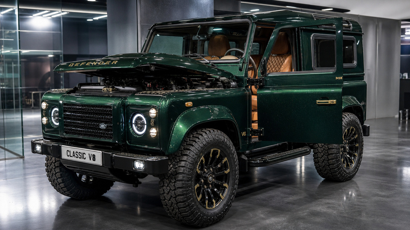Land Rover Defender Classic V8 verde com capô e porta dianteira abertos, interior castanho visível, em garagem iluminada.