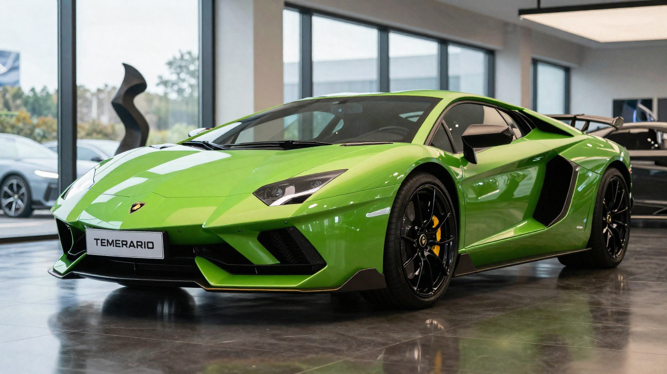 Lamborghini verde metálico estacionado numa garagem com chão refletor e grandes janelas.