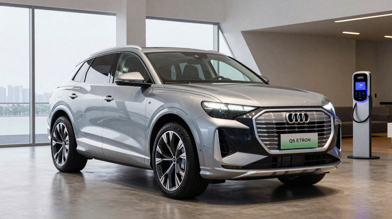 Audi Q6 Etron cinzento estacionado em interior moderno com carregador eléctrico ao lado.