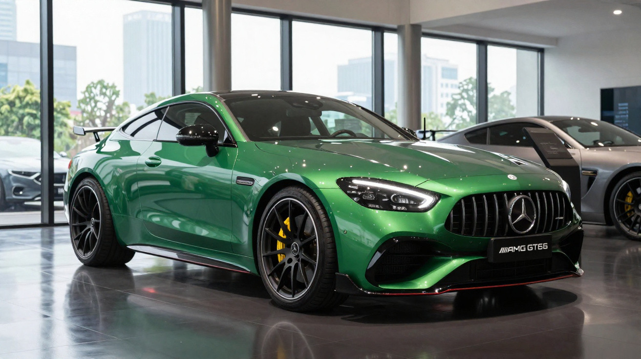 Carro desportivo Mercedes AMG GT 63 verde em exposição numa sala moderna com janelas grandes.