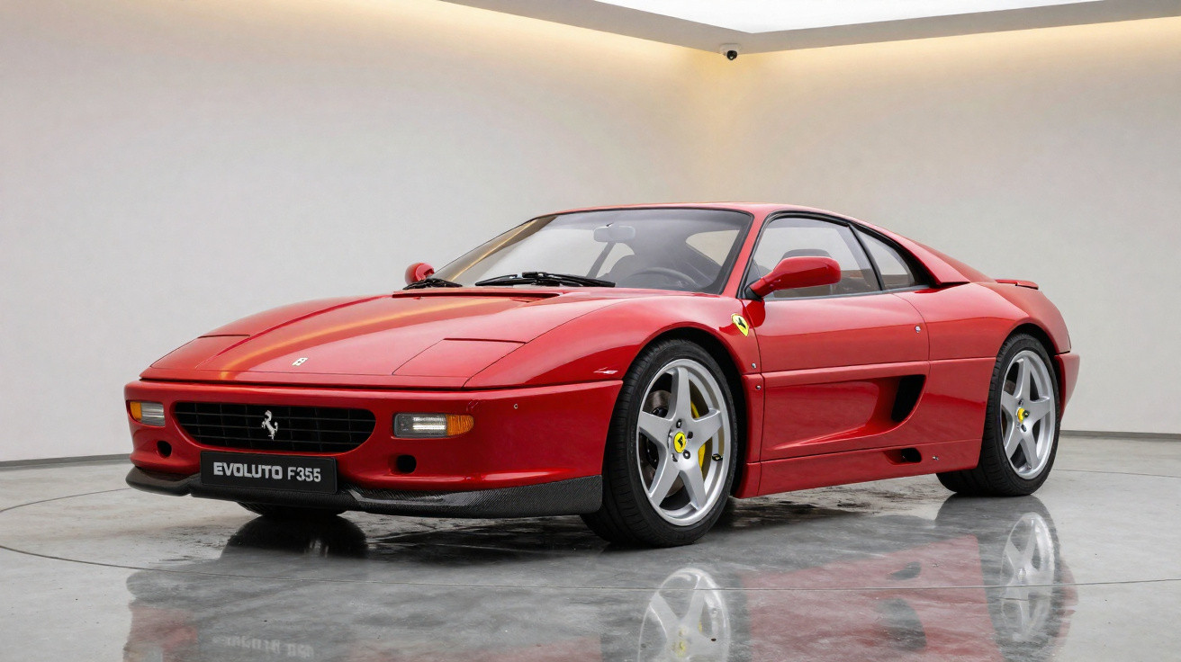 Automóvel desportivo Ferrari vermelho estacionado em interior com chão refletor e paredes brancas.