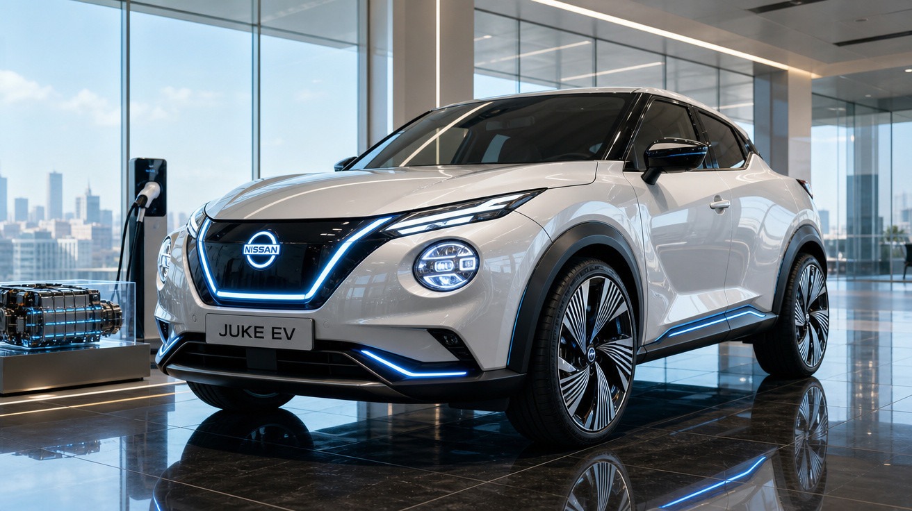 Carro elétrico Nissan Juke EV branco estacionado num showroom moderno com chão refletor e vista urbana.