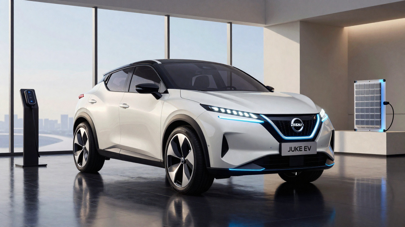 Carro elétrico Nissan Juke EV branco estacionado num espaço interior com carregadores elétricos.