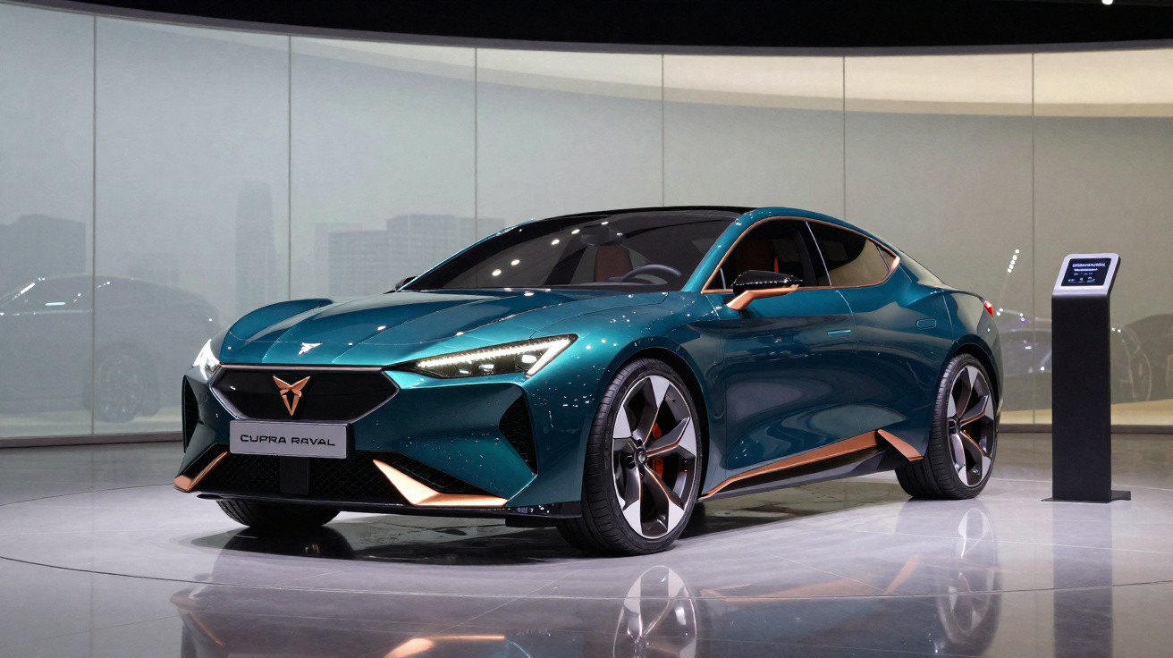 Carro elétrico desportivo Cupra Raval azul turquesa exposto em showroom moderno e minimalista.