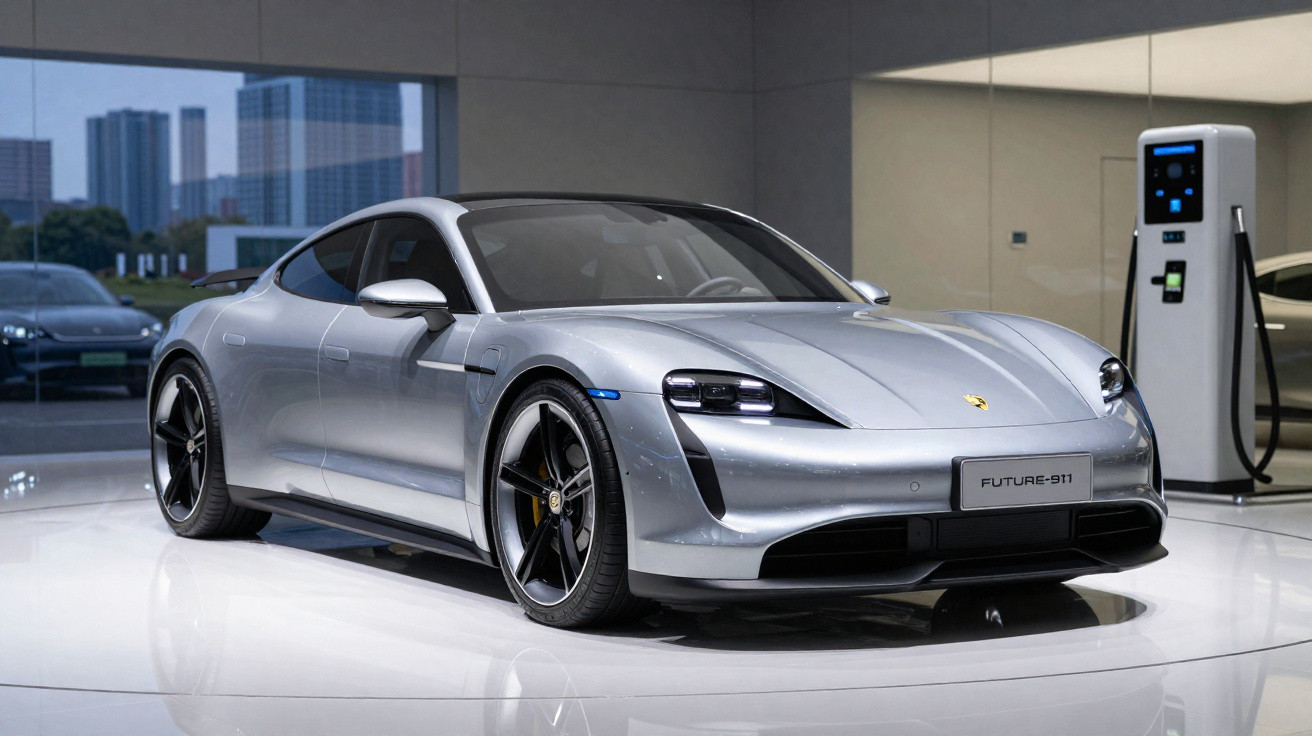 Carro desportivo eléctrico prata Porsche Future-911 estacionado em showroom com posto de carregamento elétrico.