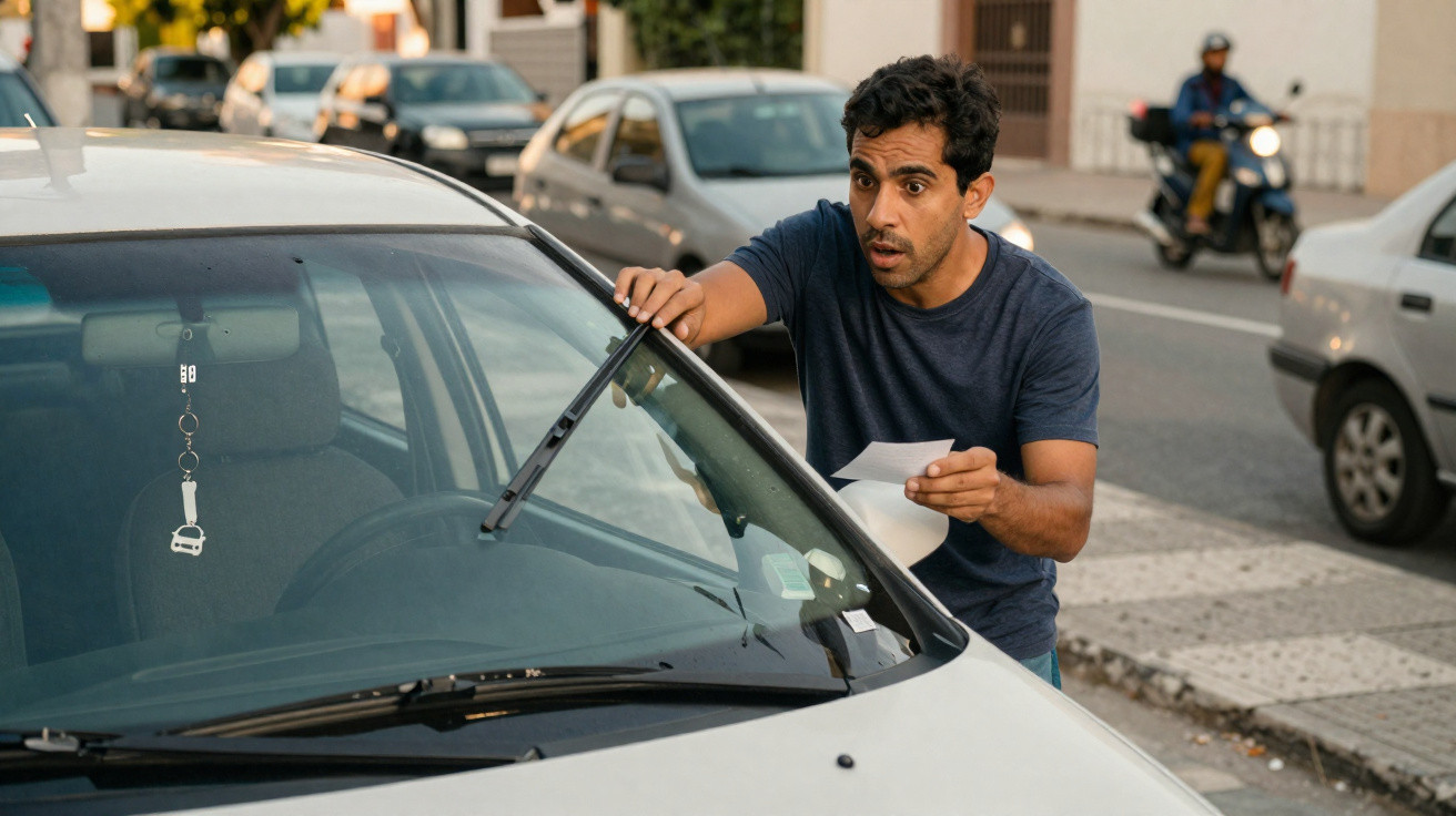 Homem surpreendido ao encontrar uma multa de estacionamento no para-brisas do seu carro na rua.