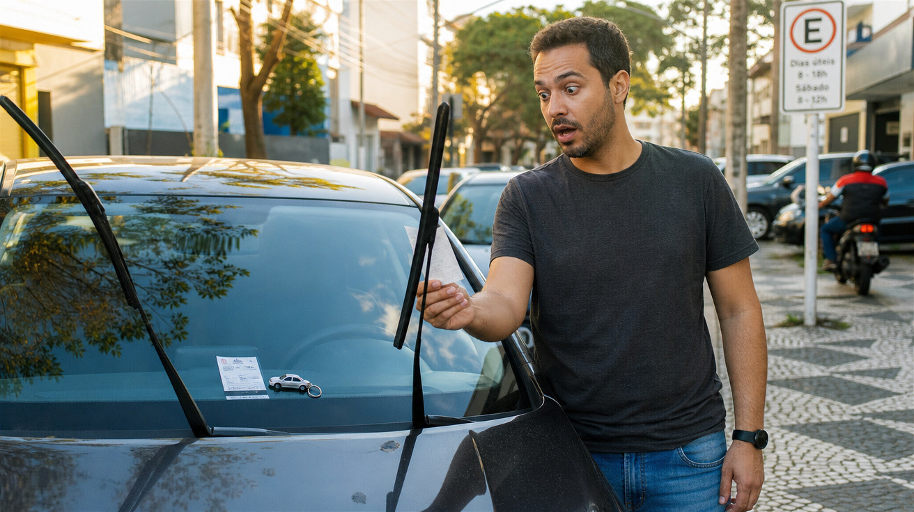 Homem surpreendido a ver uma multa no para-brisas do seu carro estacionado numa rua da cidade.