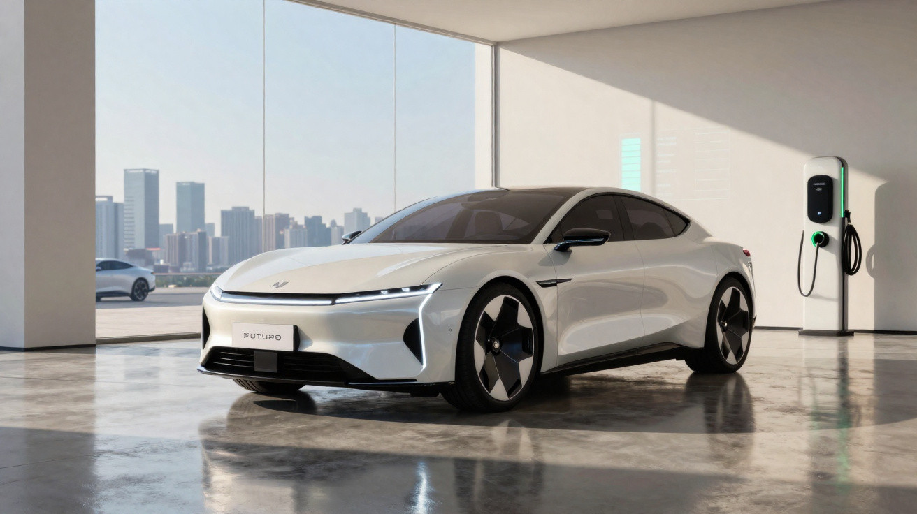 Carro elétrico branco estacionado numa garagem moderna com carregador ligado à parede e cidade ao fundo.