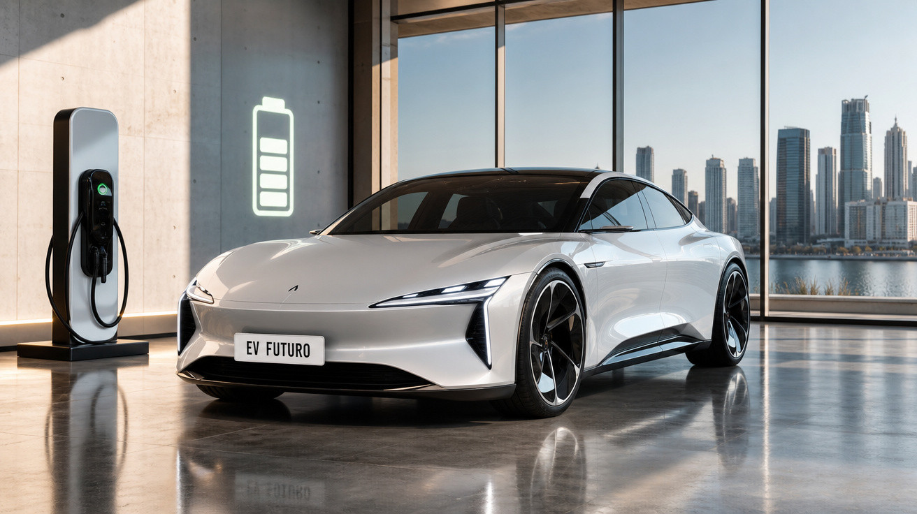 Carro elétrico branco moderno conectado a um carregador dentro de um edifício com vista para a cidade.