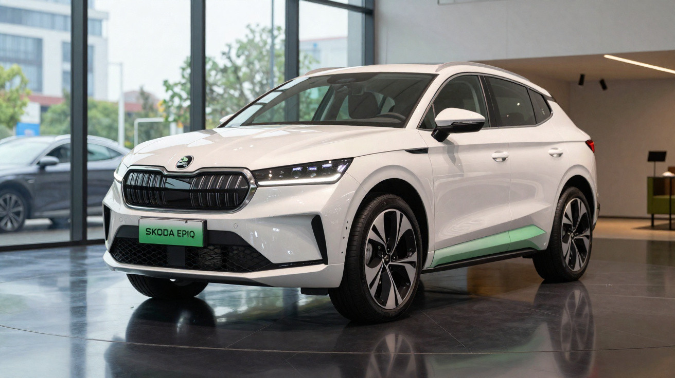 Automóvel branco Skoda Epiq estacionado em interior moderno com janelas amplas.