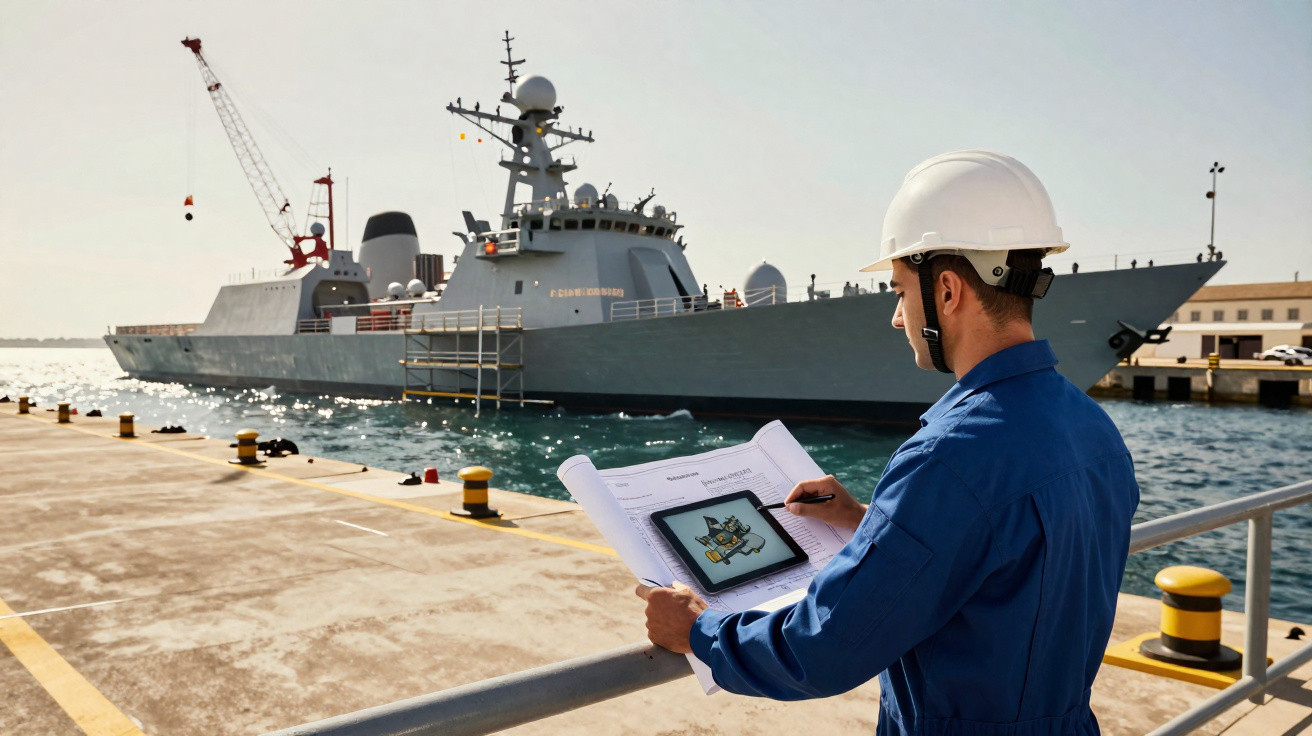 Homem de capacete branco e macacão azul inspeciona documentação com desenho técnico junto a um navio naval no porto.