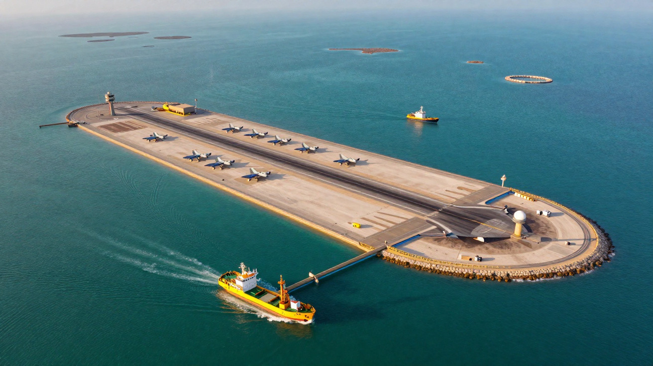 Aeroporto construído numa ilha artificial com vários aviões estacionados e barcos no mar à volta.