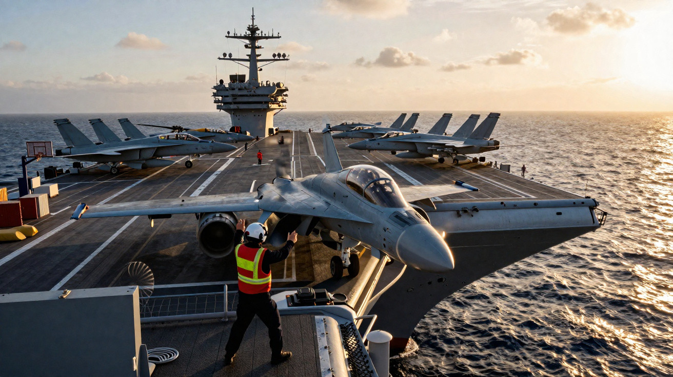 Porta-aviões no mar ao pôr do sol com vários caças estacionados no convés e um militar a orientar uma aeronave.