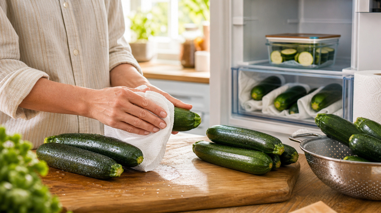 Pessoa a secar pepinos frescos numa cozinha moderna, com legumes armazenados no frigorífico.