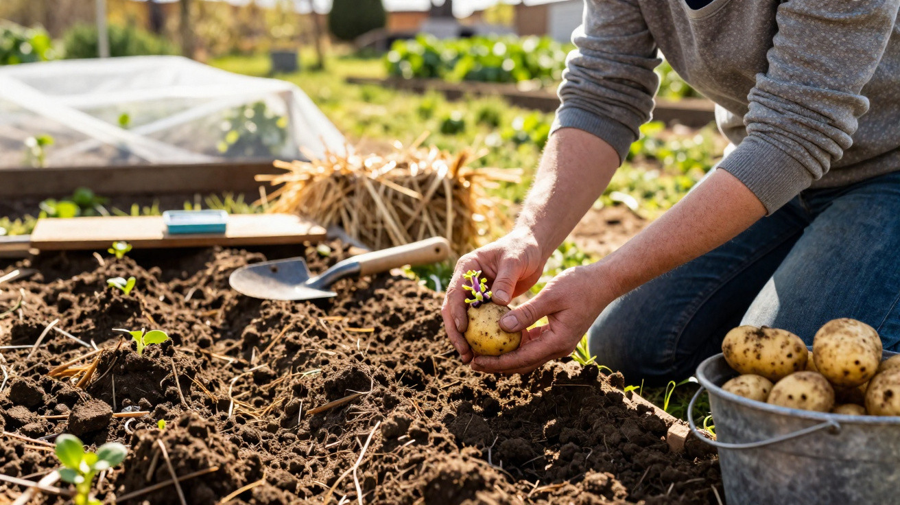 Pessoa a plantar batata germinada numa horta com várias batatas numa lata ao lado.
