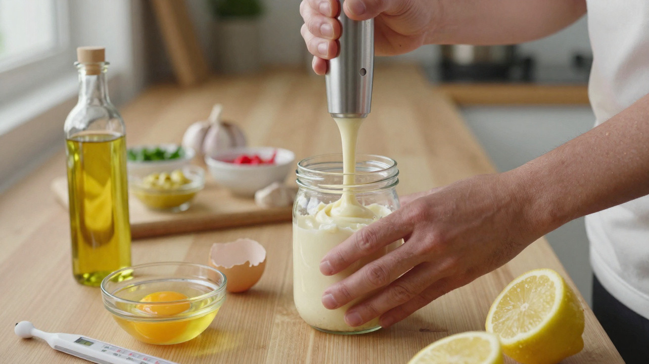 Pessoa a preparar maionese caseira com batedor numa cozinha, com ingredientes como ovo, limão e azeite na bancada.
