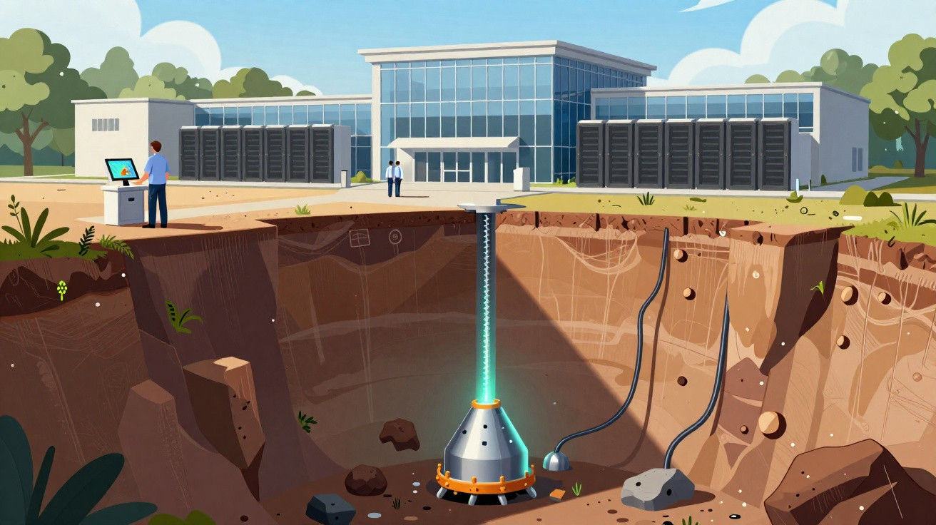 Ilustração de instalações modernas com máquina subterrânea ligada por cabos a um edifício de tecnologia.