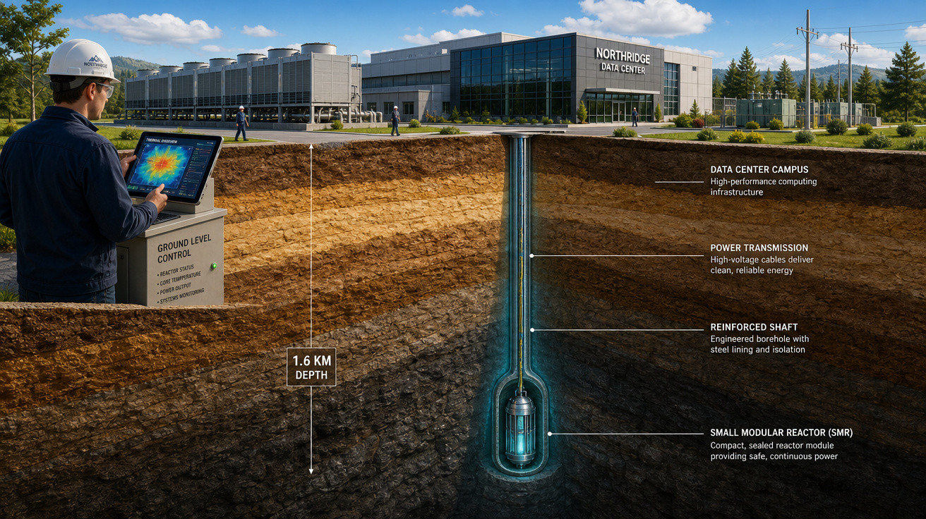 Centro de dados Northridge e poço profundo com reator modular pequeno para energia contínua e segura.