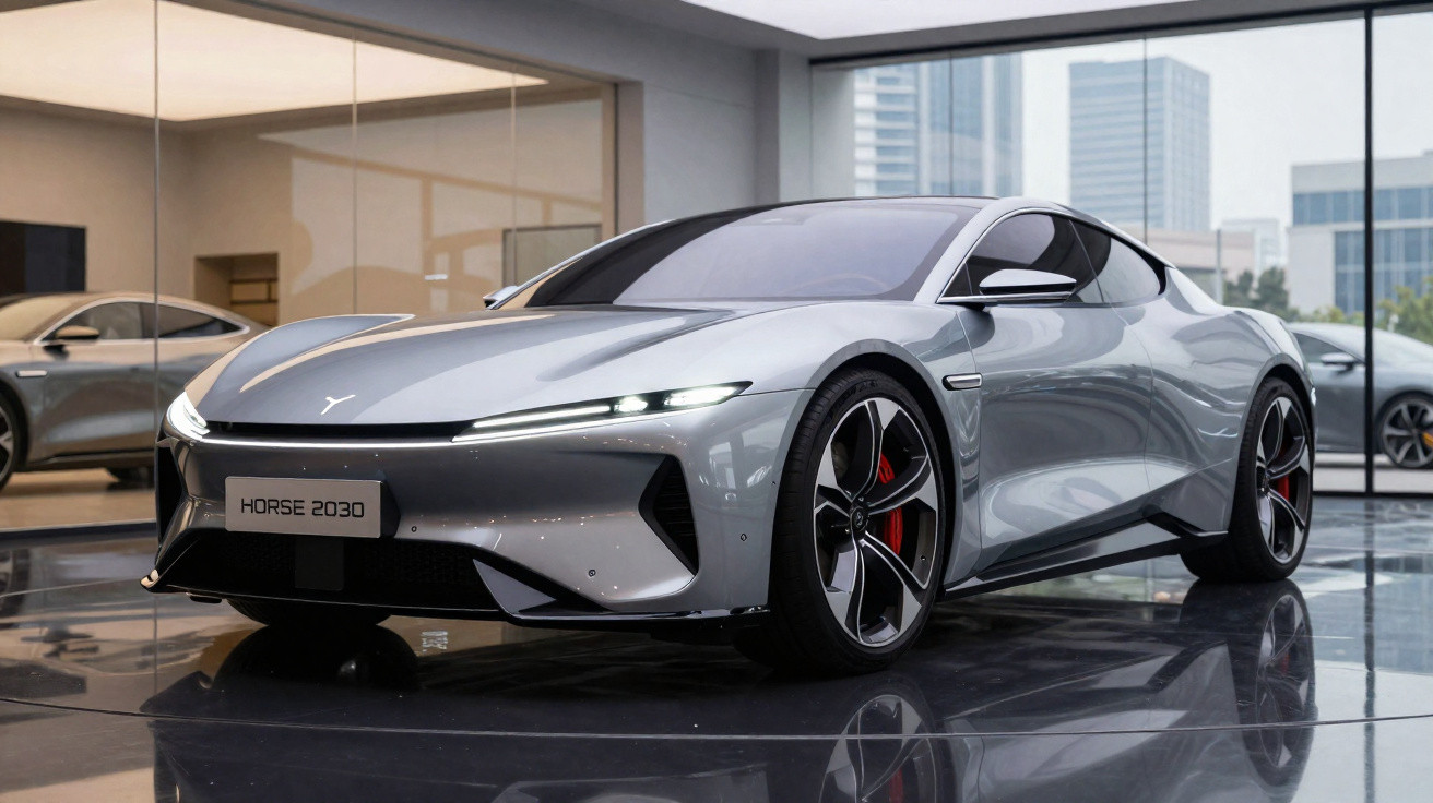 Carro elétrico prateado Horse 2030 com design futurista exposto numa sala moderna com janelas de vidro.