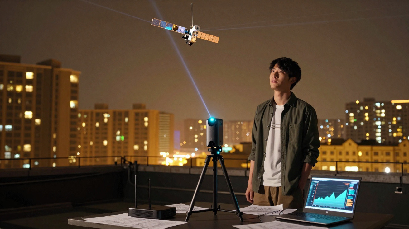 Homem observa projeção de satélite feita por dispositivo num terraço à noite, com cidade iluminada ao fundo.