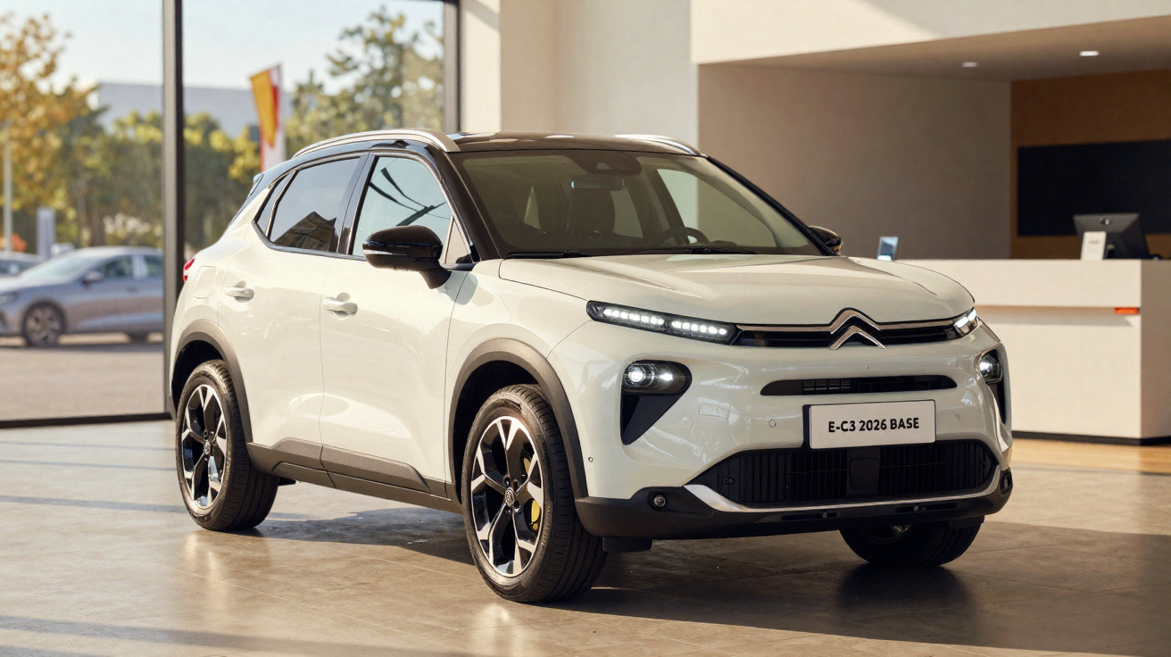 Automóvel Citroën E-C3 2026 branco estacionado num interior moderno e iluminado.