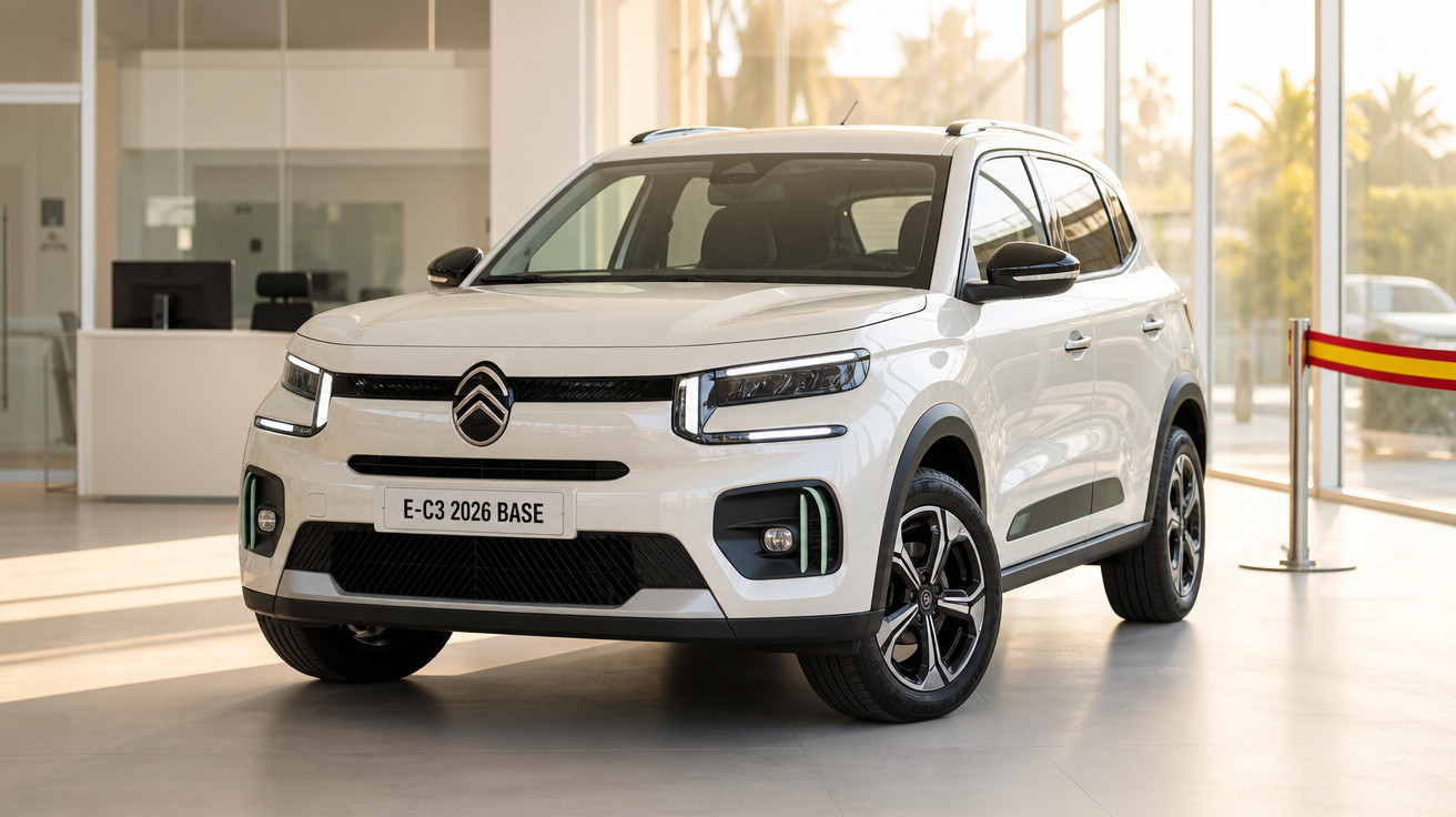 Automóvel branco Citroën E-C3 2026 Base exposto em showroom moderno com luz natural.