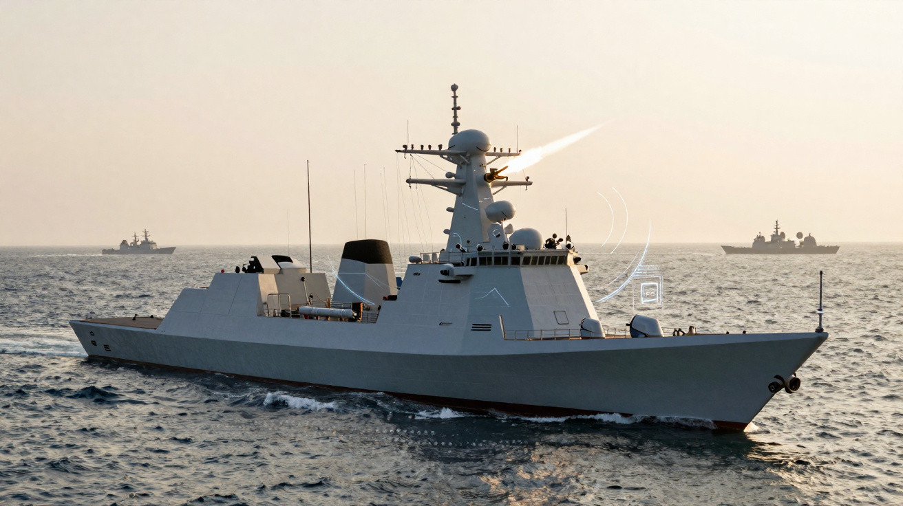 Navio de guerra cinzento a navegar no mar com dois outros navios ao fundo ao entardecer.