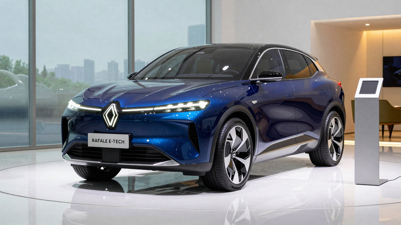 Carro eléctrico azul Renault Rafale E-Tech exibido em showroom moderno com iluminação suave.