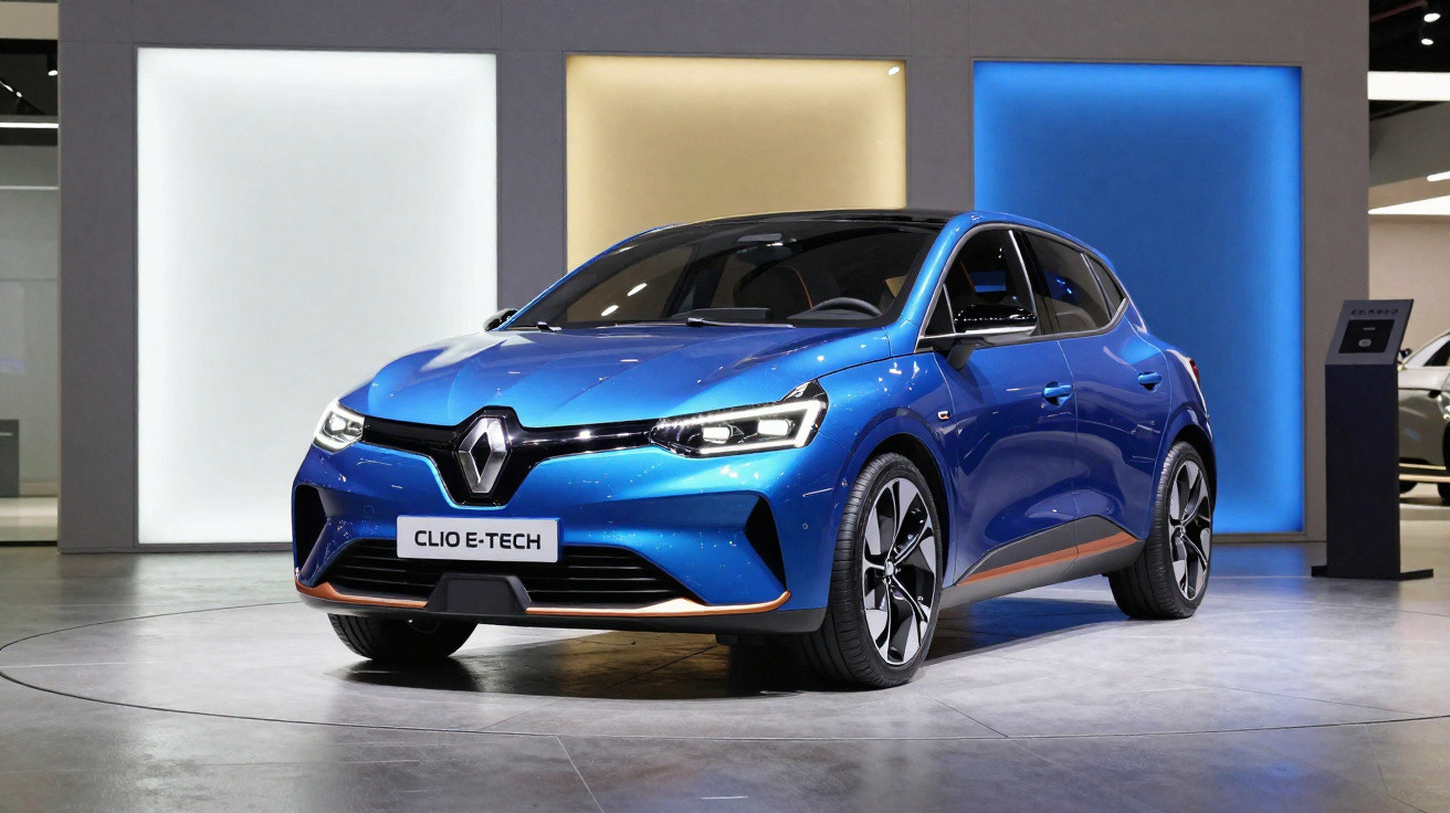Carro elétrico azul Renault Clio E-Tech exposto em plataforma luminosa com fundo branco, bege e azul.