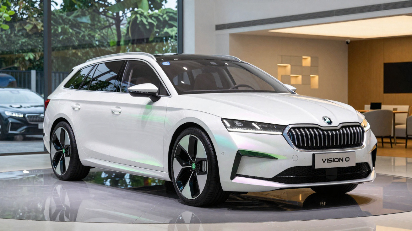 Carro elétrico branco Škoda Vision iV estacionado em ambiente interior moderno.