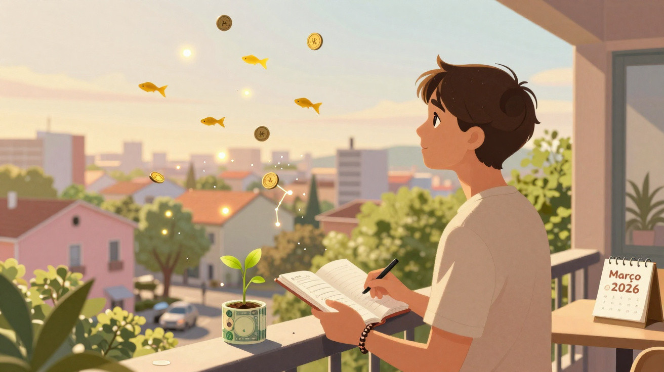 Rapaz escreve num caderno numa varanda ao pôr do sol, com moedas e peixes dourados a flutuar no ar.