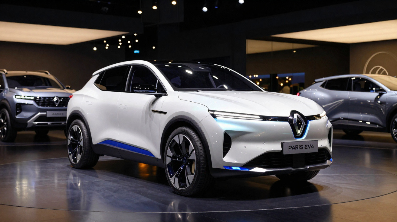 Carro elétrico Renault Paris EV4 branco exibido em salão automóvel moderno e iluminado.
