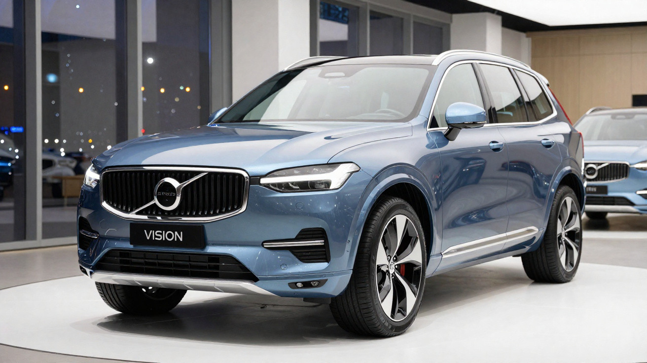 Carro SUV Volvo azul estacionado em interior moderno com grandes janelas de vidro.
