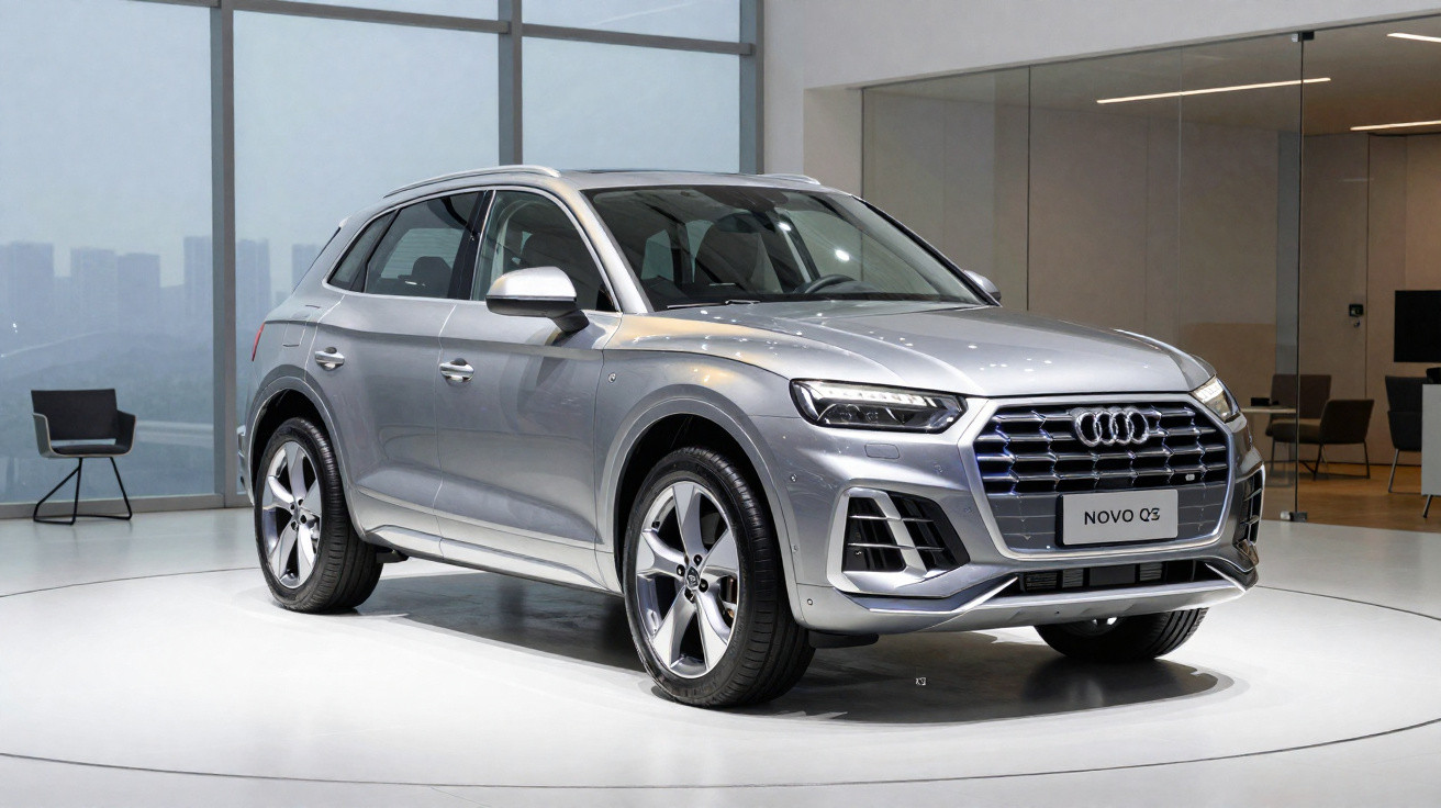 Audi Q3 novo em exposição numa sala moderna com janelas grandes e cadeiras pretas.
