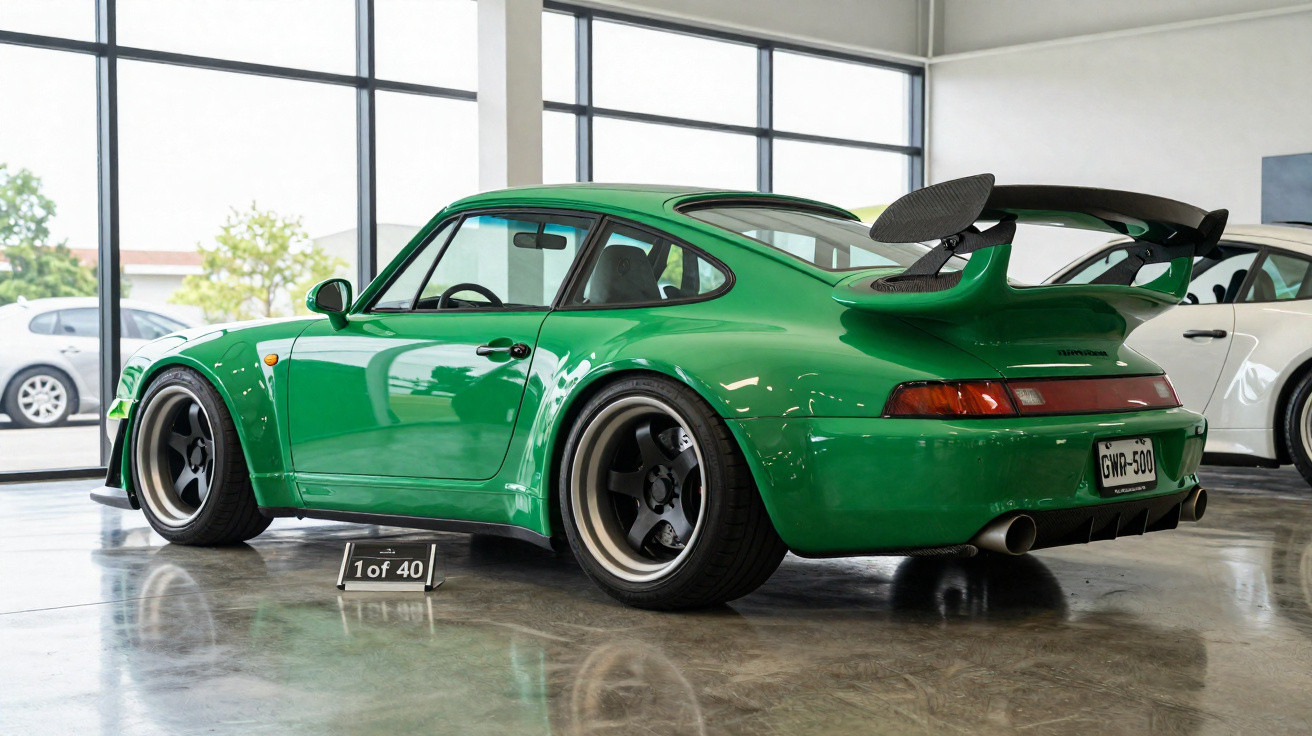 Automóvel desportivo verde Porsche clássico estacionado em espaço interior com jantes largas e asa traseira preta.