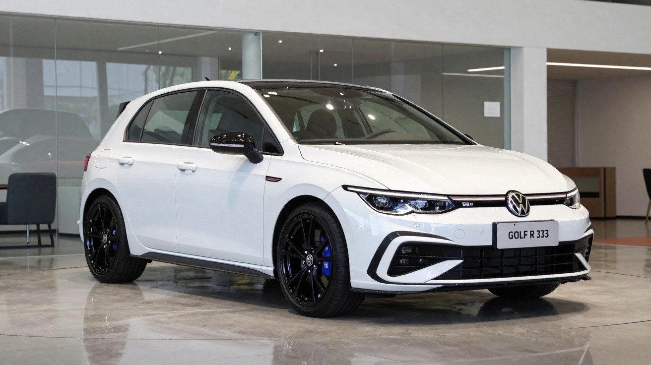 Carro Volkswagen Golf R branco estacionado num interior moderno com chão em mármore.