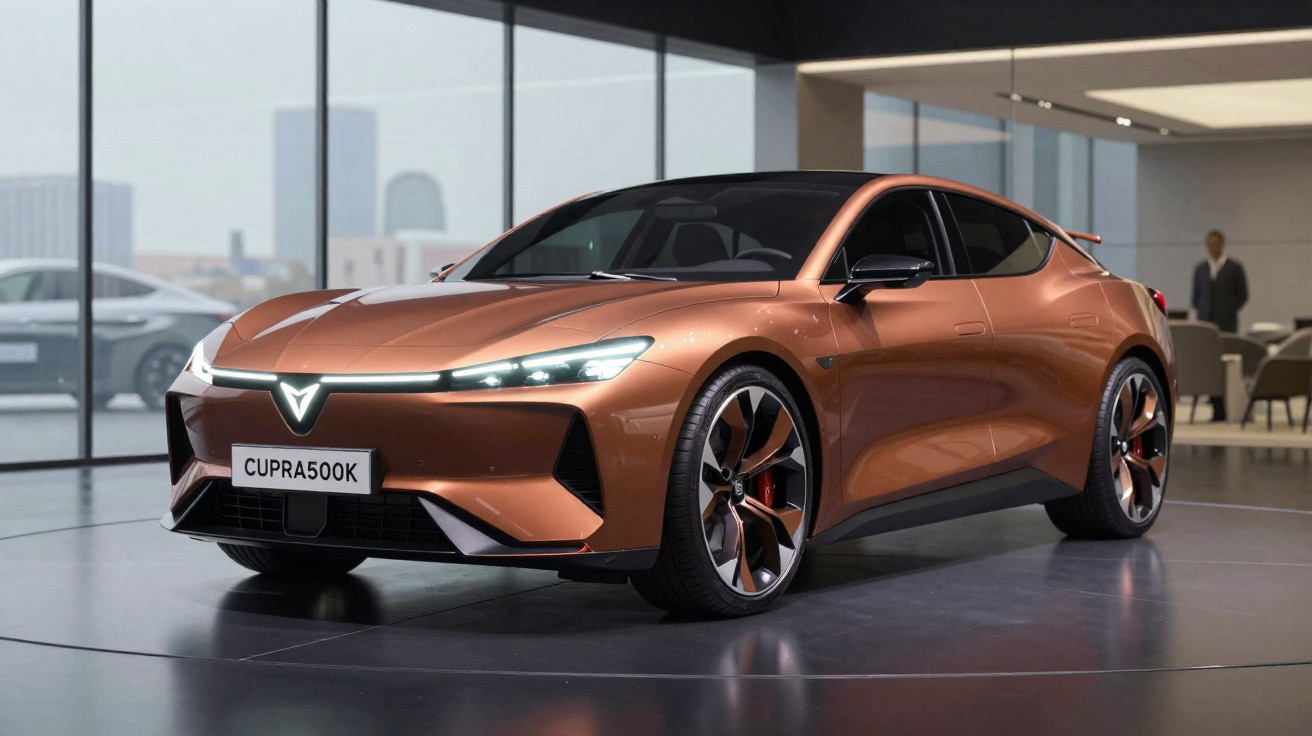 Automóvel elétrico Cupra 500K laranja exposto numa sala moderna com grandes janelas de vidro.