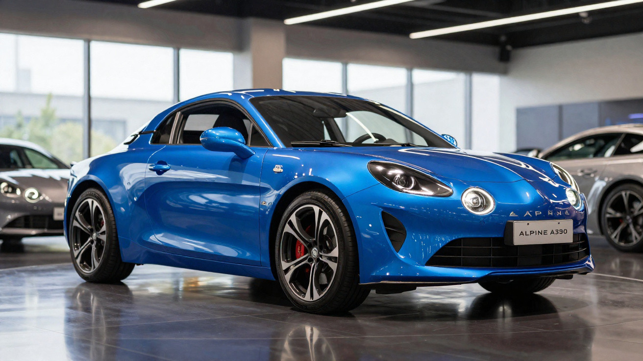 Carro desportivo azul Alpine A390 estacionado em ambiente interior de exposição automóvel.