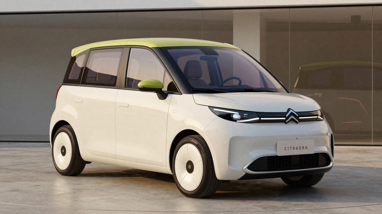 Carro Citroën branco com teto e espelhos verdes, design compacto e moderno estacionado em piso de cimento.