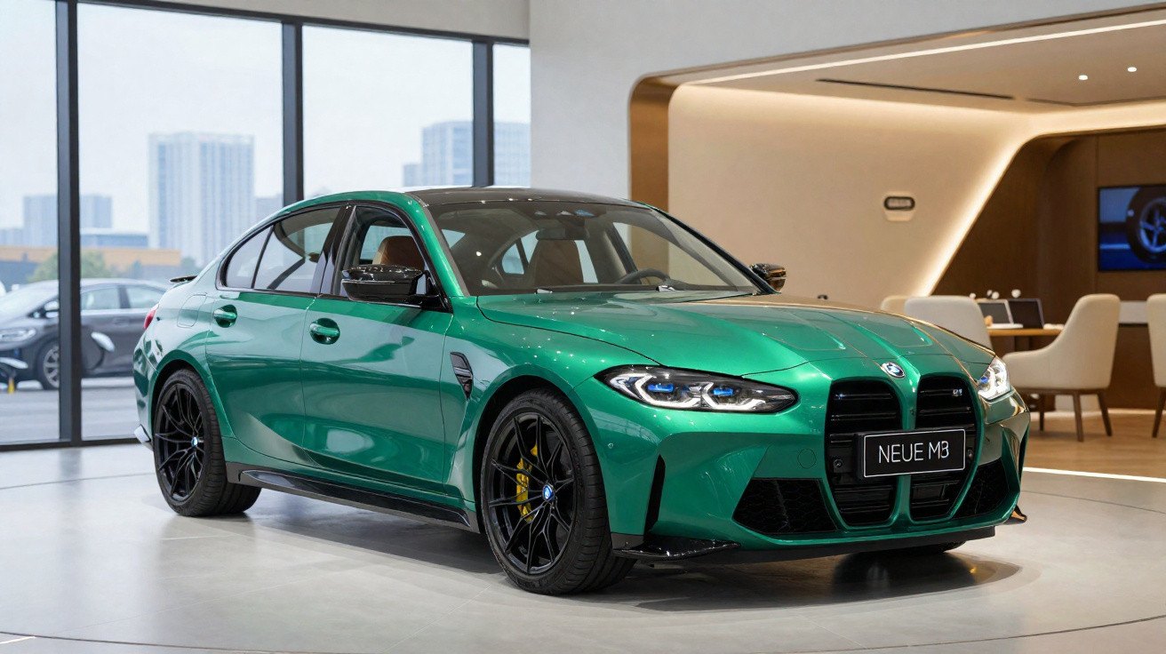 Carro desportivo BMW verde exposto numa sala moderna com janelas amplas e cadeiras brancas.