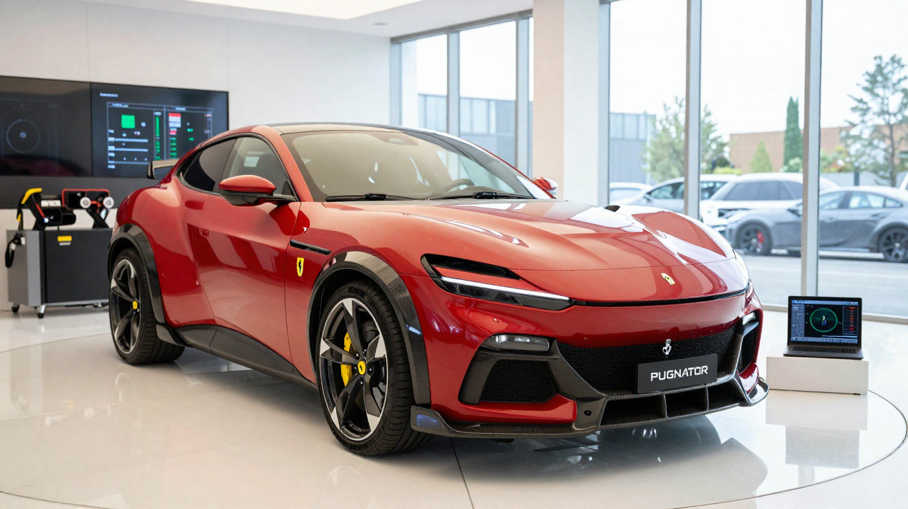 Carro desportivo vermelho Ferrari Pugnator em exposição numa sala moderna com vidros grandes.