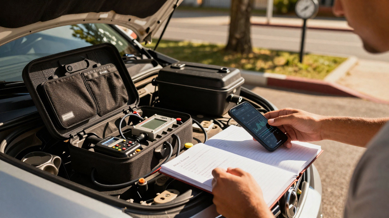 Pessoa a inspecionar equipamentos eletrónicos de diagnóstico junto ao motor aberto de um carro, consultando o telemóvel e cad