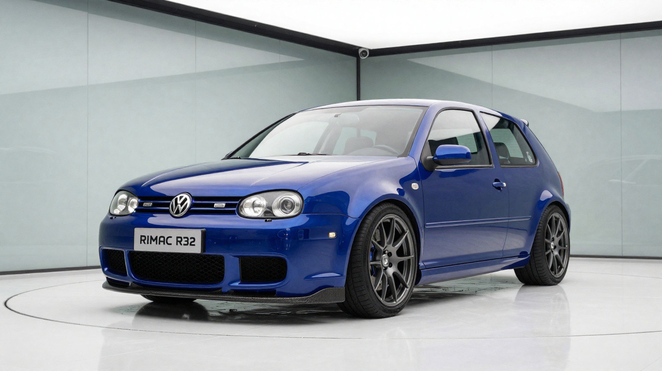Carro desportivo Volkswagen Golf R32 azul com jantes pretas em estúdio minimalista.