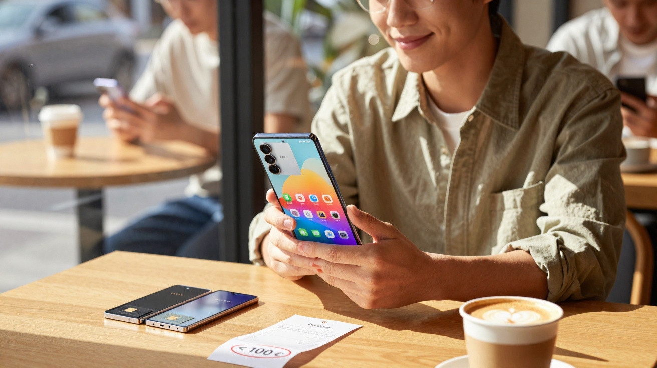 Pessoa a sorrir e a usar um smartphone numa mesa de café com café e dois telemóveis descansados.