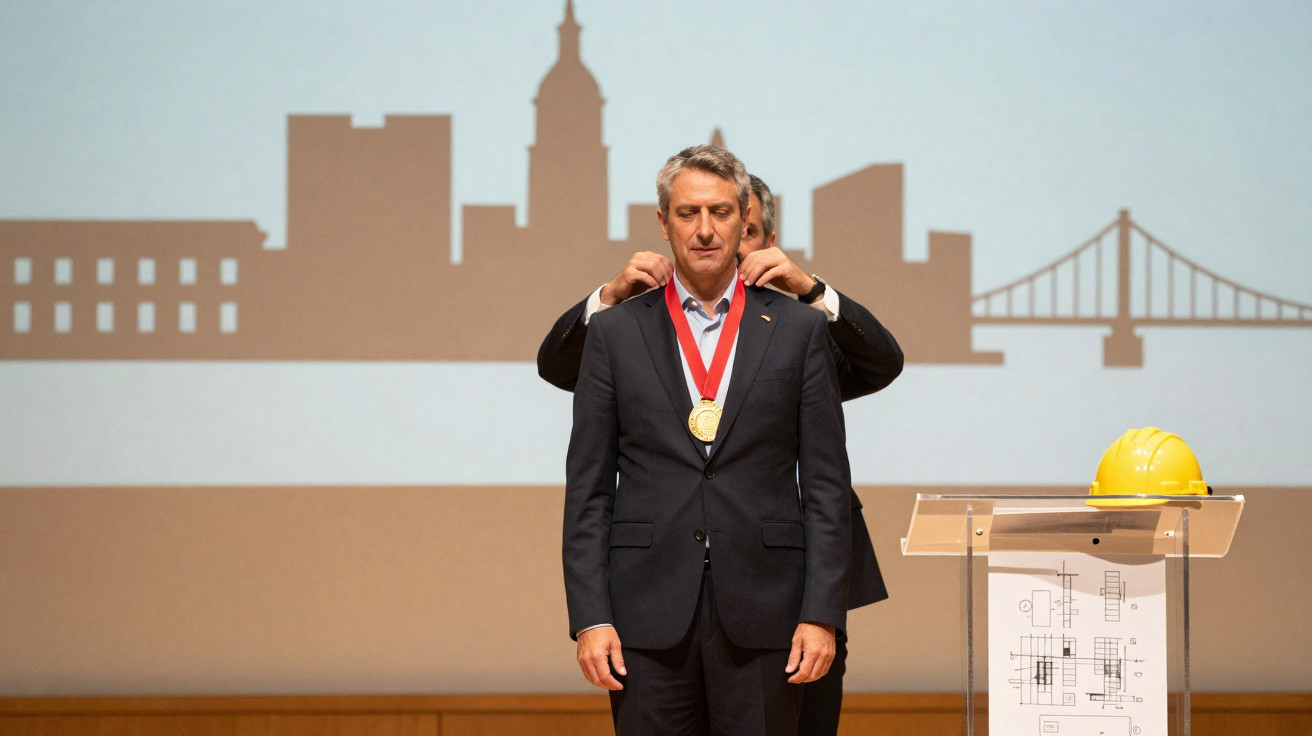 Homem de fato a receber medalha dourada num palco com desenho de cidade e ponte ao fundo.